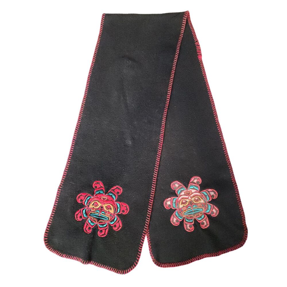 Black Fleece Scarf Embroidered Northwest Coast Formline Sun 60"